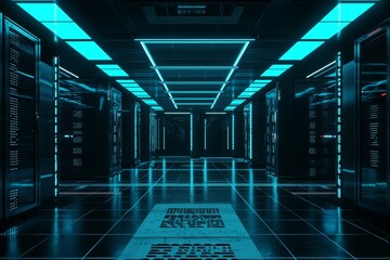 Wall Mural - Storage server warehouse room with neon light trails, futuristic digital technology concept, data network, internet connectivity, and stock.