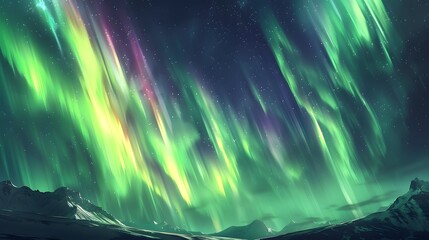 Wall Mural - Aurora Borealis: A mesmerizing display of the Northern Lights dancing across the night sky in vibrant greens and purples. 
