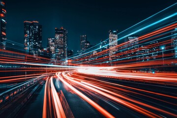 Aufkleber - Detailed view of the road traffic jam on a multiple lane highway at night with a speed light trail from cars in the background.