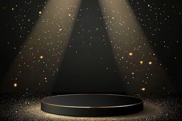 Leinwandbilder - Product stage with golden glitter background on black podium.