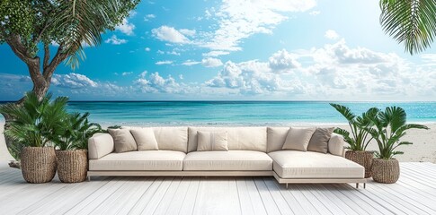 Wall Mural - View of the ocean from a white terrace with generative AI