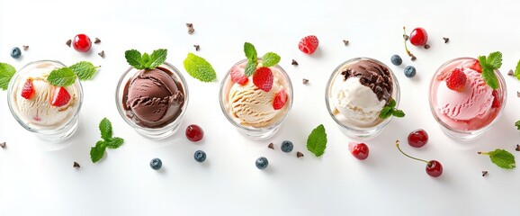 Poster - Various colorful ice creams accompanied by berries in a bowl isolated on a white background, dessert sweet waffles and different ice-creams