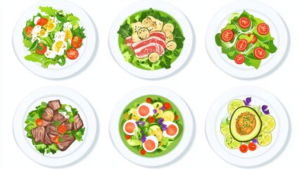 Poster - An array of delicious food on white plates is shown isolated on a transparent background, a view from the top showing different menu options.