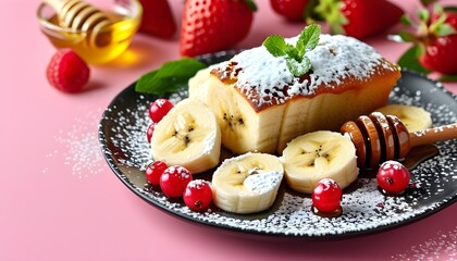 Decadent berry and banana cake dusted with powdered sugar, garnished with fresh fruits and honey, set against a cheerful pink backdrop