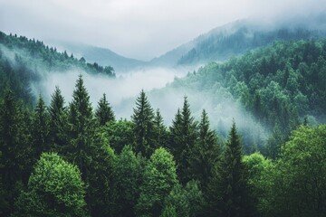 Poster - View of fog-covered mountains and forest from an aerial viewpoint. Beautiful fresh green natural scenery of a hilltop, relaxing morning time with greenery trees.