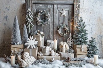 Fototapete - A festive winter holiday scene decorated with gift boxes, trees, and ornaments, snowflakes in the background, a happy new year celebration, and a special event scene with copy space.