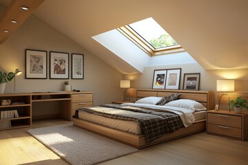 Poster - The interior design of this cute small attic bedroom has a cozy Scandinavian mix of minimalism.