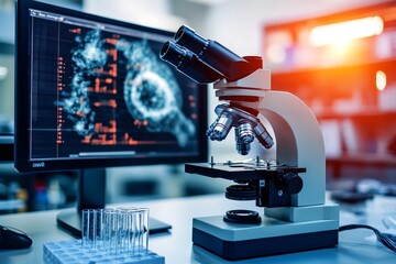 Poster - Blood samples, microscopes and testing equipment for research, DNA testing and examination. Healthcare, biotechnology, and medical equipment for vaccine development, analysis, and drug discovery.