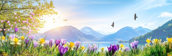 Canvas Print - In this photorealistic illustration, white flowers and a bird in flight are captured in a panoramic view, along with a lake and mountains in the distance.