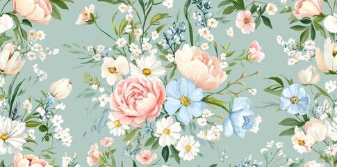 Aufkleber - Illustration featuring wild spring and summer blooms on a pastel color background. Stock