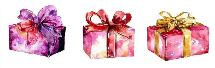 Wall Mural - Set of watercolor colorful gift boxes for special events or Christmas celebrations isolated on transparent background. Festive and happy moment concept.