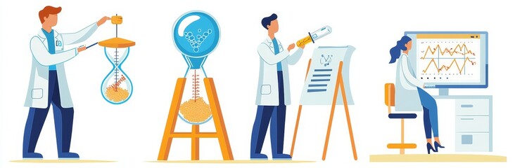 Poster - Cartoon tiny people are involved in DNA molecular structure research, genes, blood samples for the discovery of discovery breakthrough in biotechnology. Science and medicine modern illustration.