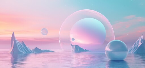 Aufkleber - An abstract nature scene with arches, a podium for displaying products, a panoramic view, a colorful dune scene with copy space, blue sky and clouds, and minimal decor.