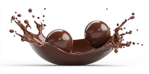 Poster - Dessert sweet concept, dark chocolate piece falling with sauce splashed in the air.