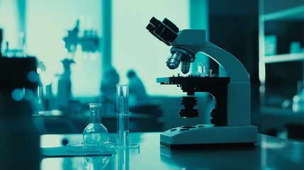 Poster - Research being conducted in a medical laboratory by scientists, a microscope is in use in the foreground. An ambitious young biotechnology specialist participating in advanced research activities