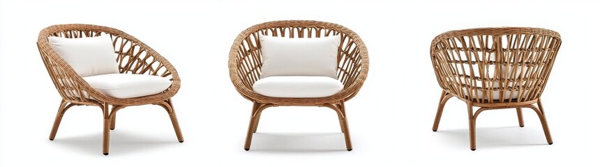 A collection of outdoor garden rattan straw sofas, armchairs, and cutouts isolated on transparent backgrounds