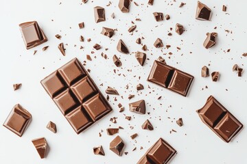 Poster - Isolated on transparent background, various types of chocolate falling with flakes in the air, dessert sweet concept.