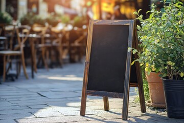 Leinwandbilder - Menu board empty at the entrance of a restaurant or cafe for mock up, chalkboard banner outside at the sidewalk.