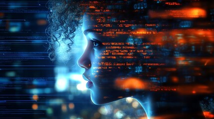 Leinwandbilder - AI cyber security threat illustration, African American female IT specialist analyzing data, side profile, augmented reality stock collage.