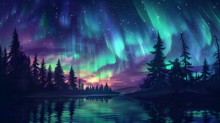 Wall Mural - Aurora Borealis: A mesmerizing display of the Northern Lights dancing across the night sky in vibrant greens and purples. 
