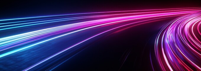 Leinwandbilder - An abstract panoramic background of curvy dynamic neon lines glowing in the dark with a floor reflection. Virtual fluorescent ribbon.