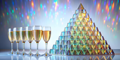 Holographic Champagne Pyramid: Medium Shot of Glowing Glasses with Intricate Patterns and Reflections on White Background - Photo Stock Concept