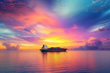 Poster - View from an aircraft of cargo carrying a full container for logistic transportation, a large ship in ocean freight shipping, and a maritime business enterprise.