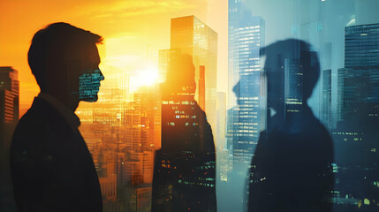 Double-exposure image of business people interacting with a cityscape illuminated by sunlight  -