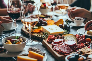 Poster - The full dinner party table with European foods and drinks presented at top view, happy dining time with buffet food dishes in the background.