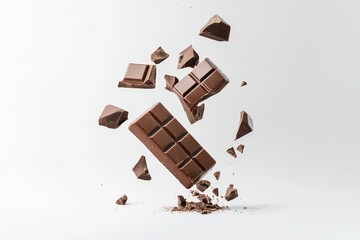 Poster - This image features a falling chocolate bar wafer isolated on a background, with a choc flake on it in the air. It represents a peanut crispy snack, a sweet dessert concept, in addition to a dark