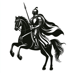 Wall Mural - Silhouette of a knight on a horse, in black color only, full-body, isolated on a white background. 