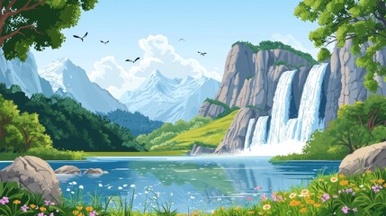 Poster - A beautiful tropical rainforest with cliffs and bamboo in a cartoon or anime watercolor illustration style.