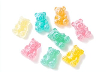 Poster - Isolated on a white background, a colorful round jelly bean falling in the air, jellybeans candies for a sweet dessert meal.