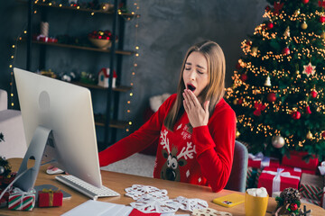 Canvas Print - Photo of cheerful girl sleepy tired yawning working computer dressed christmas garment tradition atmosphere decor vibe house indoors room