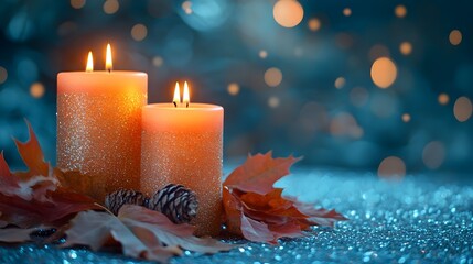 Poster - Warm Candles & Fall Leaves on Sparkling Blue Background