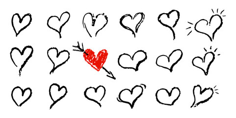 Poster - set of black hearts and one red heart pierced by arrows. symbols of love shapes silhouettes in marke