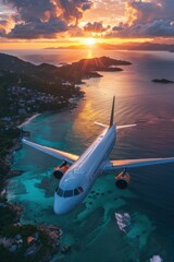jet passenger airplane flying over a tropical island. the airliner makes a landing on exotic islands