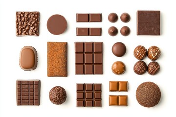Poster - Isolated on a dark background, a collection of delicious sweet dessert chocolate, different types of chocolate pralines from the top view.