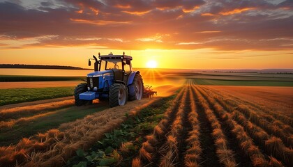 Wall Mural - Tractor Plowing a Vast Field at Sunset Showcasing the Essence of Farming and Agricultural Life with a Warm Backdrop