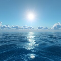 Poster - There is a vast open sea and clear skies in a blue ocean panorama with sun reflections.