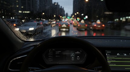 Poster - An autonomous, self-driving car driving through a city, showing statistics on speed, distance, and navigation. From the front seat, a first-person view.