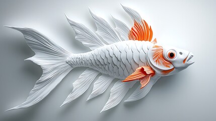 A minimalist fish, white with orange fins, swims in elegant simplicity.