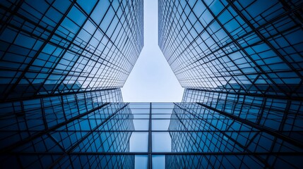 Fototapete - This is a sustainable green building. An eco-friendly building. A sustainable glass office building. The building has a modern design, and it is tall and has a view of the sky.