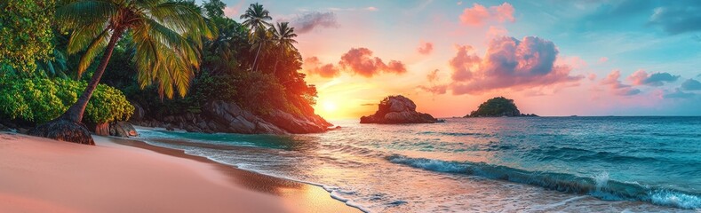 Poster - During dawn or sunset, a tranquil paradise beach with palm trees can be seen.