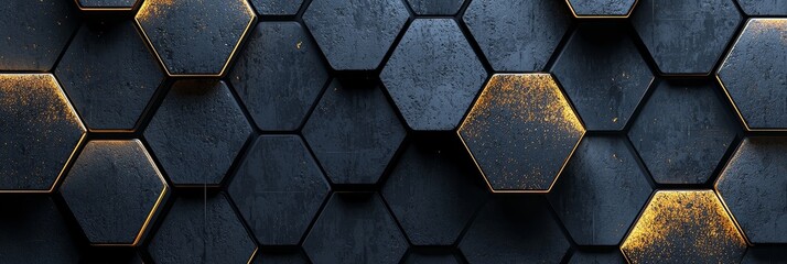 Poster - Abstract futuristic luxury digital geometric technology hexagon background banner illustration in 3d. Glowing gold, brown, gray and black hexagonal 3d shape texture wall image.