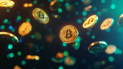 Poster - Floating digital currency symbols on a dark background
