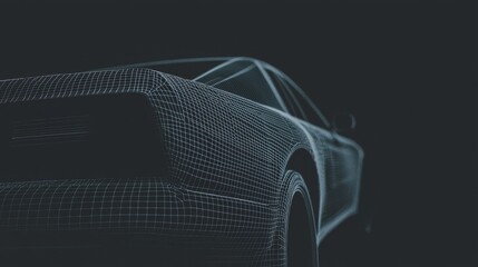 Fototapete - Isometric banner with hologram auto model rotating in black virtual space. 3D wireframe car model rotating in black virtual space.