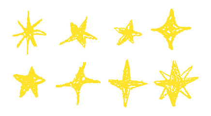 Poster - Set of gold chalk drawing stars. Shine or sparkle doodle collection. Children style yellow wax pencil handdrawing elements of night sky. Crayon scratch grunge texture star shapes. Vector illustration