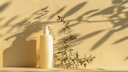 Wall Mural - Solid color background, hand sanitizer, plant, herb, natural, packaging design, product design, beige color, photo