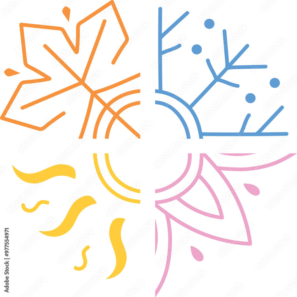 Four seasons summer, winter, spring, fall, autumn art. Seasons icons ...